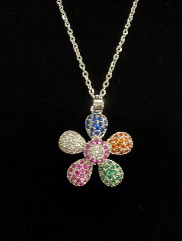 0142 Necklace - Silver Tone Multicolor Crystal Rhinestone Pave Flower Charm Pendant