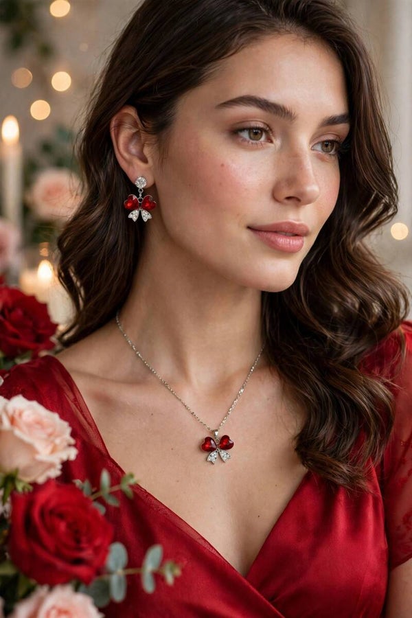 0391 Jewelry - Ruby Bow Heart Set — Earrings + Necklace