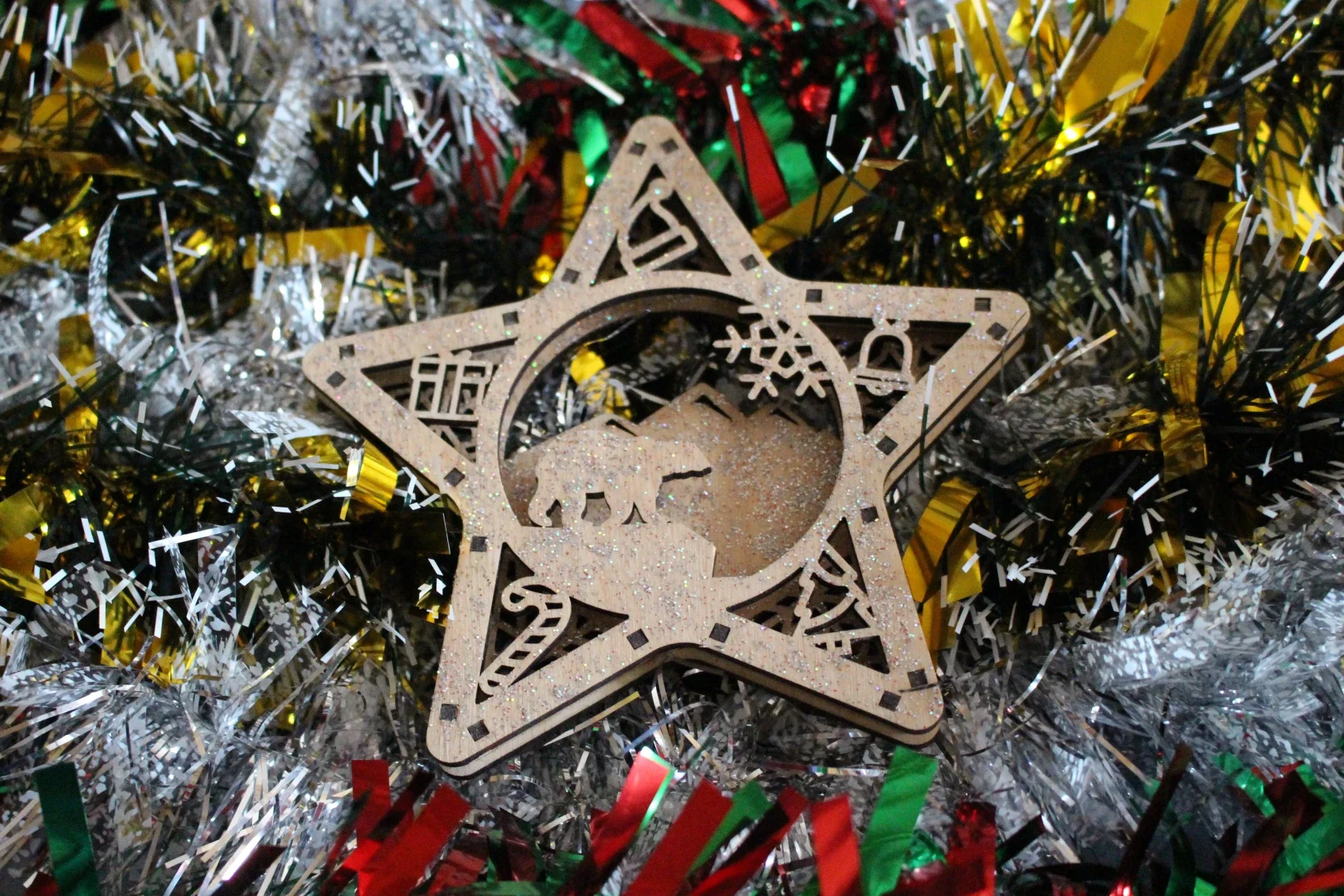 Boule de Noël Etoile Ours en Bois 3D