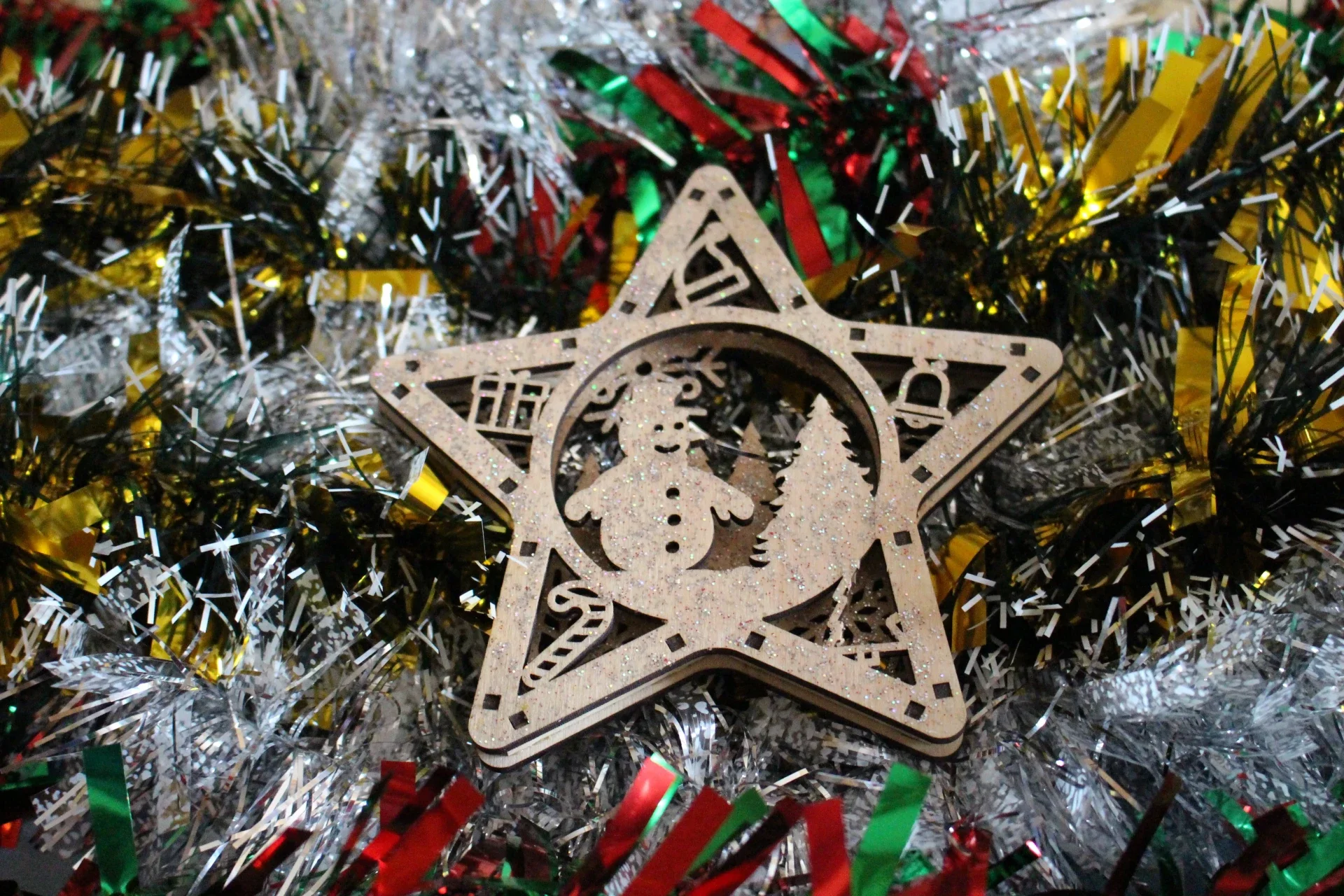 Boule de Noël Etoile en Bois 3D Bonhomme de Neige