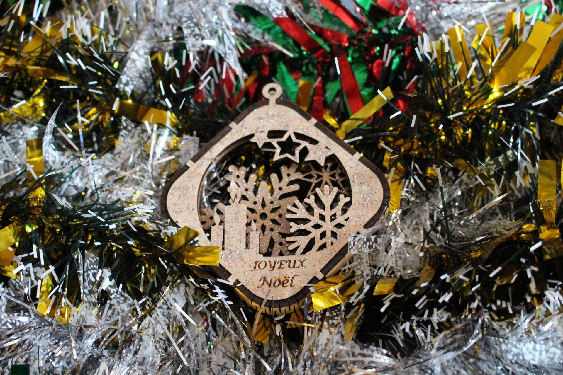 Boule de Noël Carré Flocon de Neige en Bois 3D