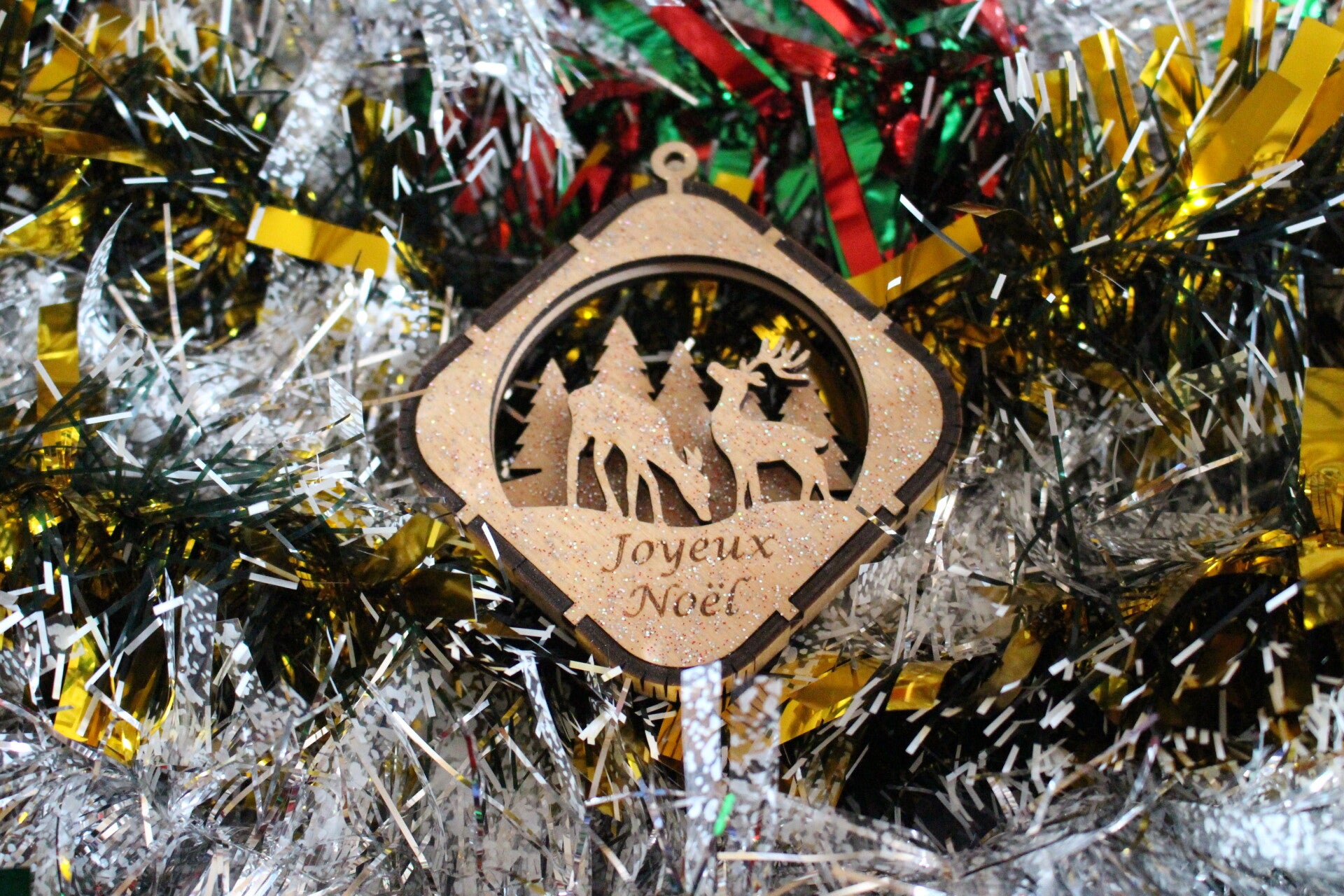 Boule de Noël Carré en Bois 3D Motif Renne