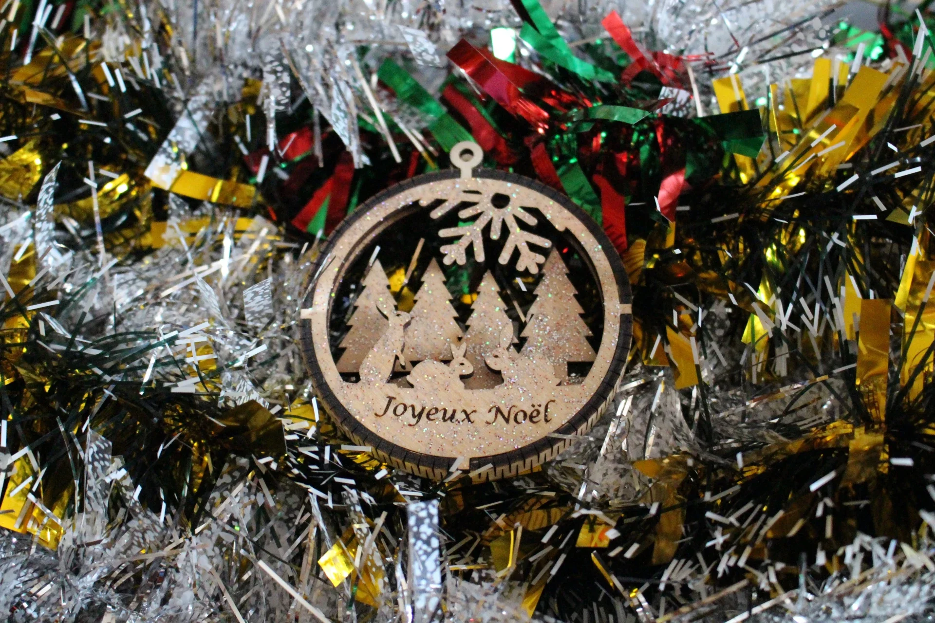 Boule de Noël en Bois 3D Motif Lapin