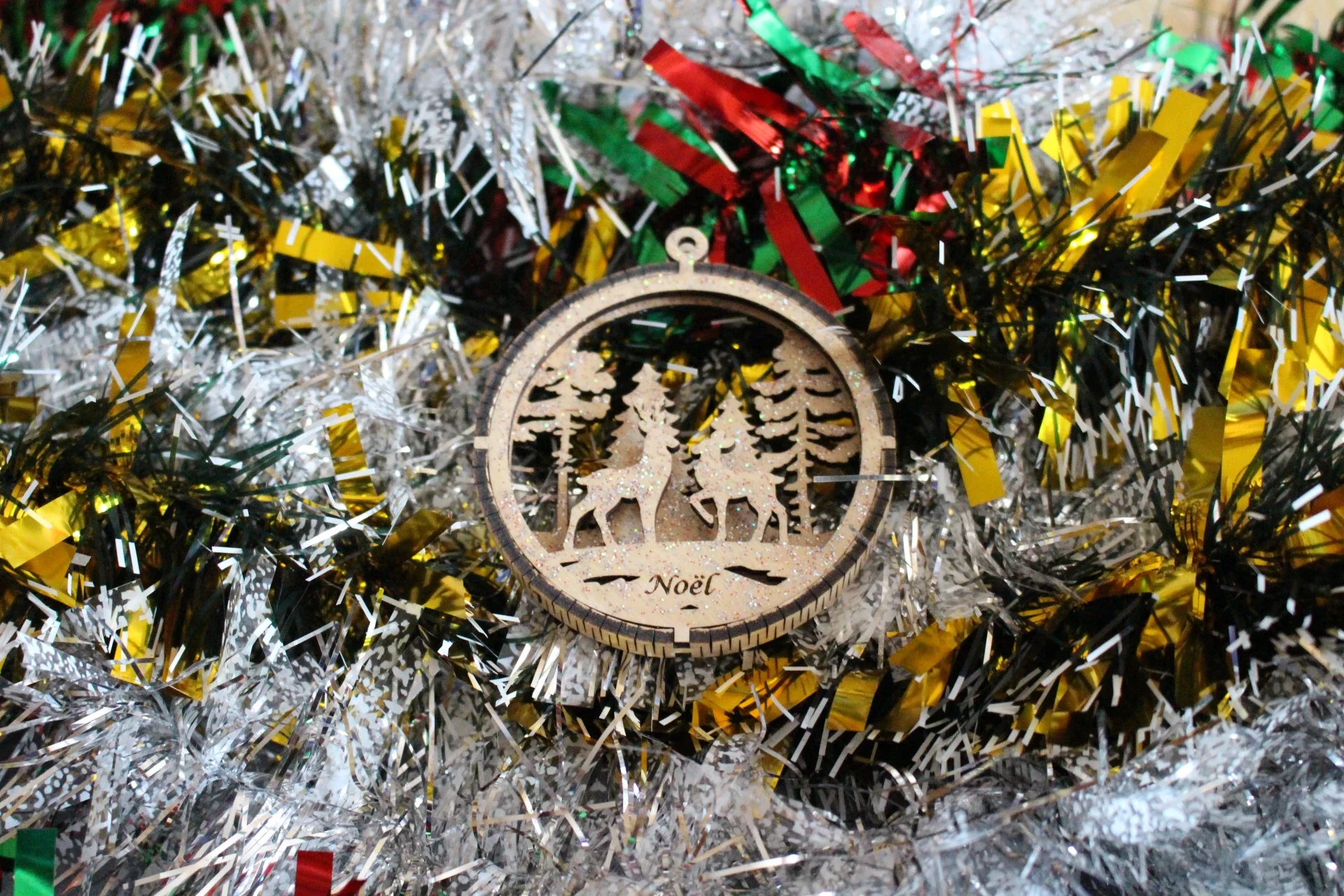 Boule de Noël Couple de Renne en Bois 3D