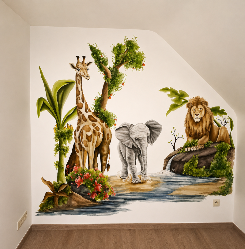 Handgeschilderde jungle muurschildering in een kinderkamer met giraffe, olifant, leeuw en tropische planten.