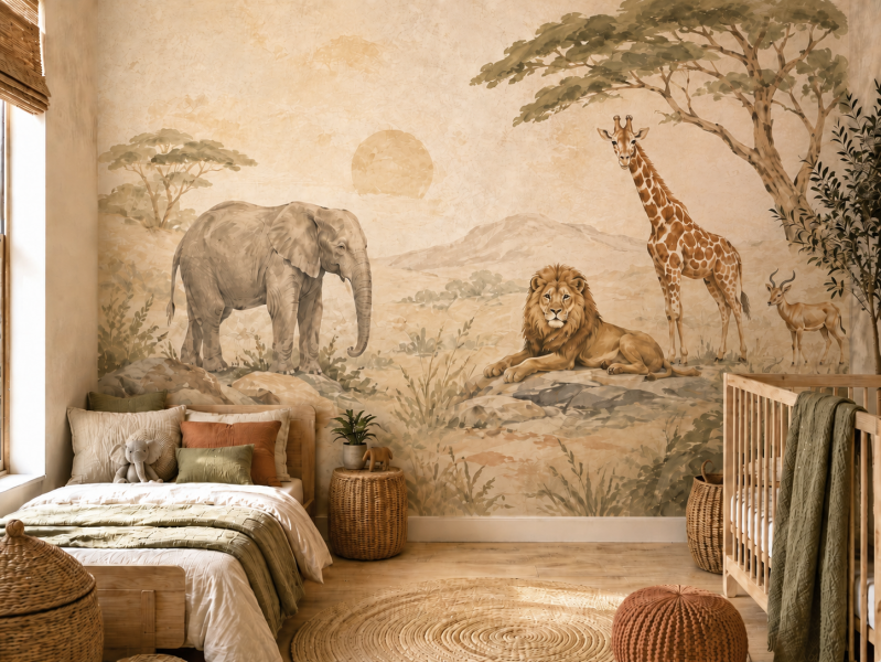 Handgeschilderde safari muurschildering in kinderkamer met olifant, leeuw en giraffe in zachte aardetinten.