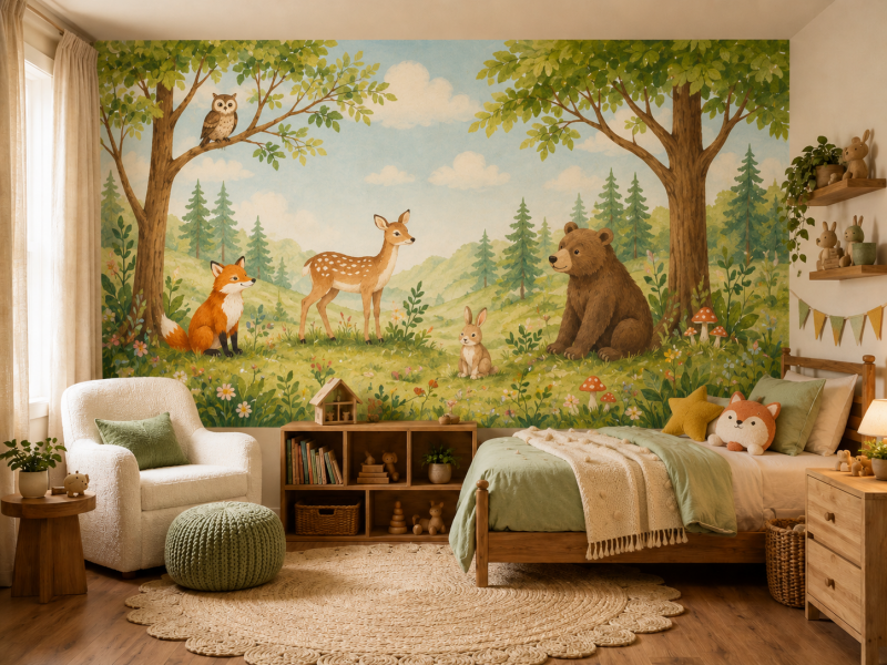 Kinderkamer met kleurrijke muurschildering van bosdieren, met vos, hertje, konijn, beer en uil in een speels boslandschap.