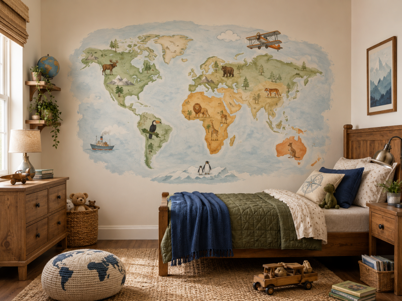 Kinderkamer met handgeschilderde wereldkaart muurschildering, dieren per continent, vliegtuig en schip in een warme reis- en ontdekkingssfeer.