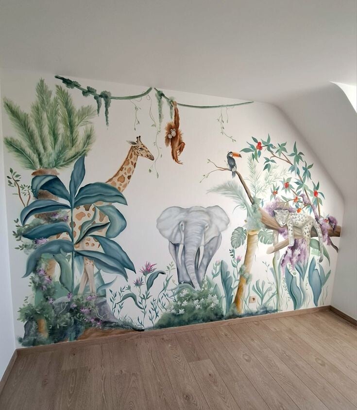 muurschildering woning, muurschildering binnen, muurschildering kinderkamer, muurschildering babykamer, muurschildering België, muurschildering bos, muruschildering olifant, muurschildering giraf, muurschildering jungle