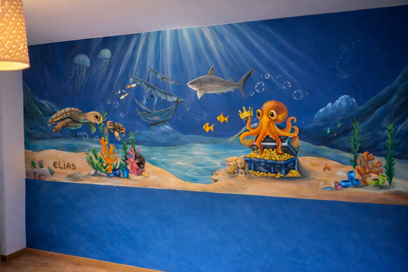 muurschildering, muurschildering oceaan, muurschildering jongenskamer, muurschildering zee, muurschildering haai, 