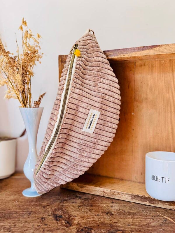 Sac banane velours côtelé large beige - "Good Vibes Only"