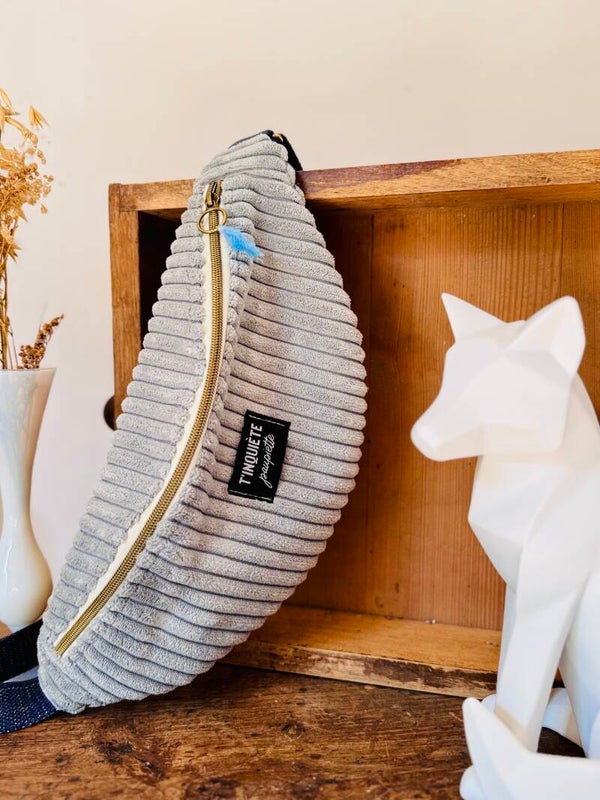 Sac banane velours côtelé large gris - "T'inquiète Paupiette"