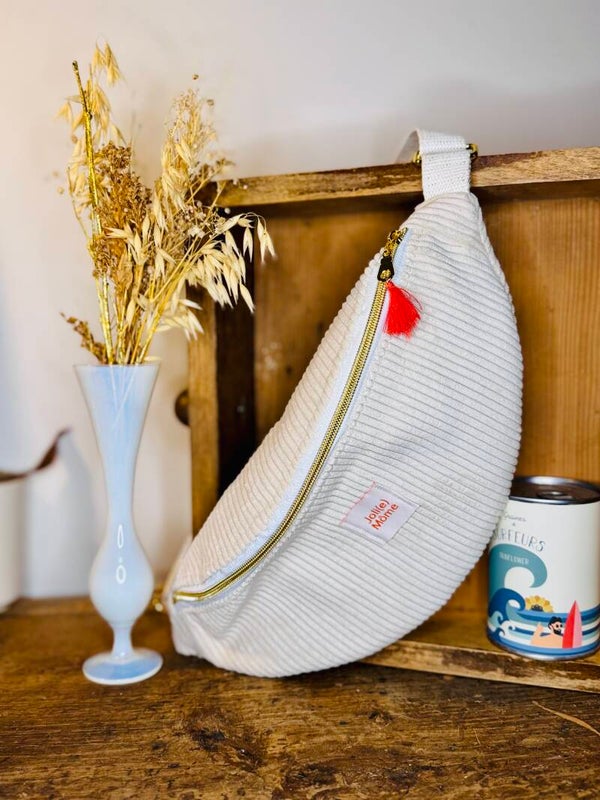 Sac banane velours côtelé fin crème - "Joli(e) Môme"