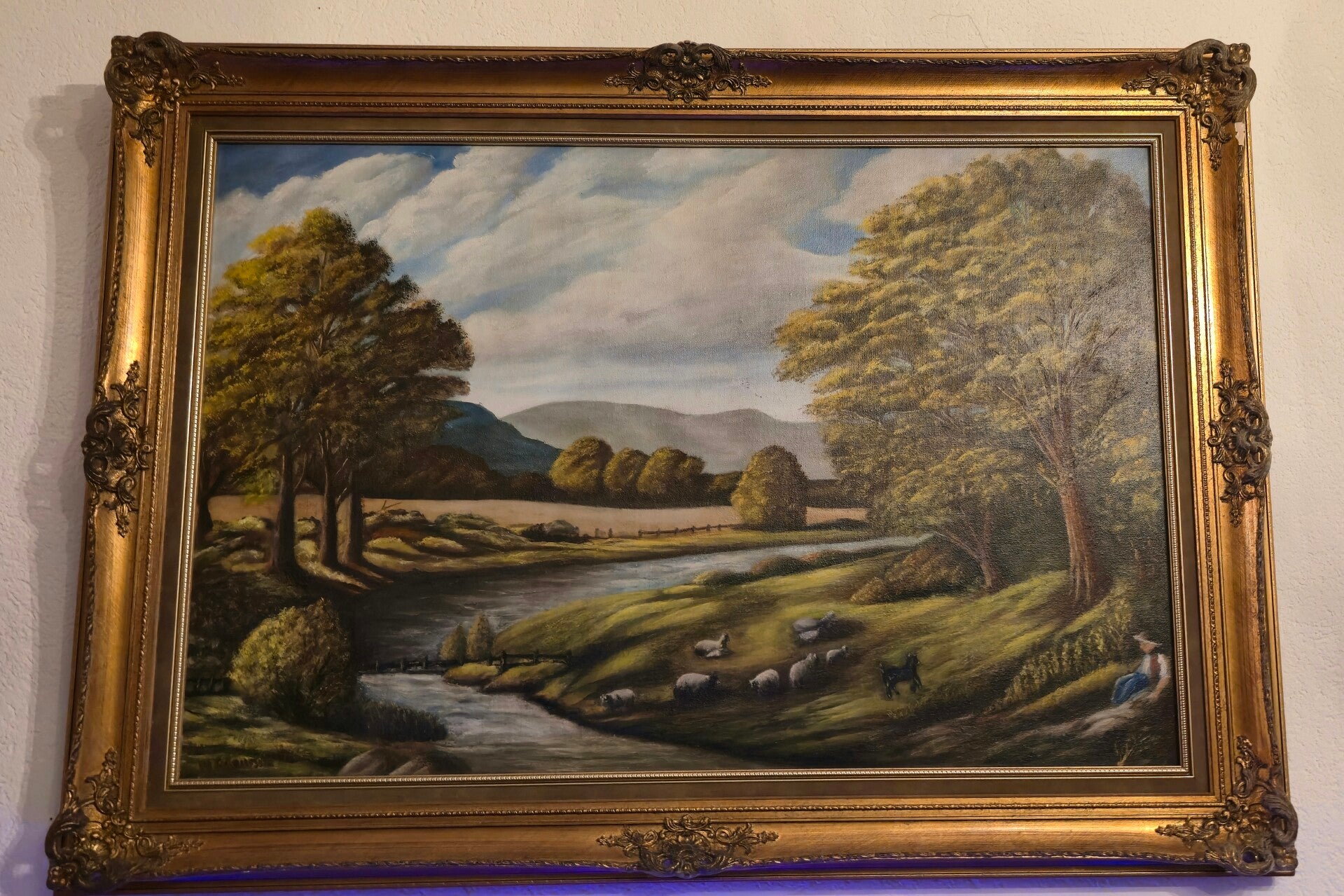 Vintage-Landschaftsgemälde mit massivem Barockrahmen