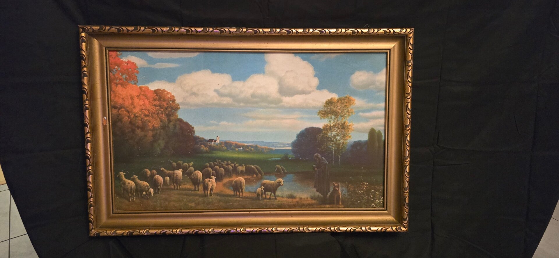 Grosses gerahmtes Bild – Schäfer mit Herde, goldfarbener Rahmen
