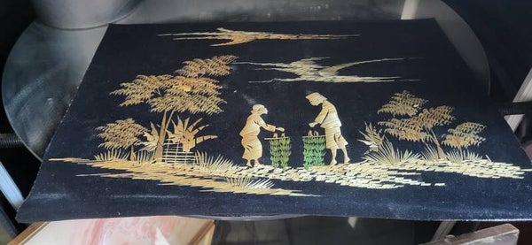 Strohbild / Strohmarketerie mit asiatischem Motiv