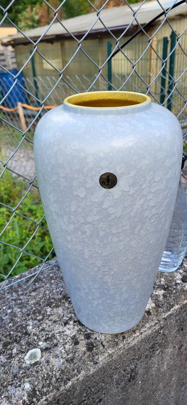 Grosse Vintage Keramikvase 38 cm – Eisglasur Weiss/Grau