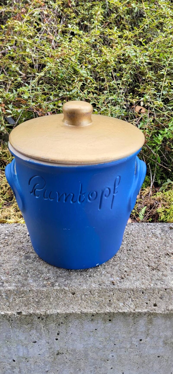 Vintage Rumtopf aus Keramik mit Deckel – blau – Steingut Einmachtopf