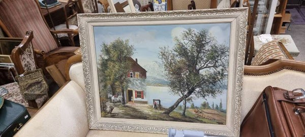 Grosses signiertes Ölgemälde Alpenlandschaft – um 1960 – 74 × 94 cm