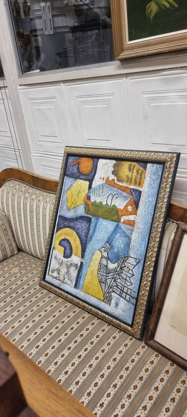 Abstraktes Vintage Gemälde – signiert – Vogelmotiv – goldfarbener Rahmen
