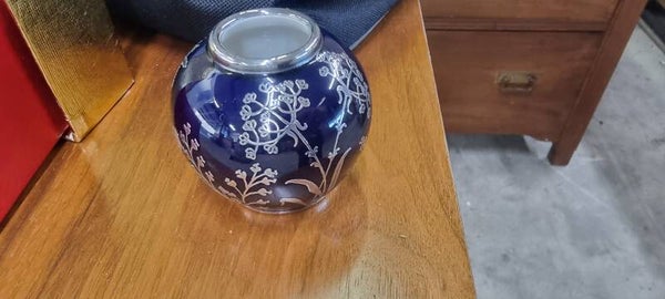 Vintage Ü-Keramik Uebelacker Vase – Kobaltblau mit Silberdekor – 50er/60er