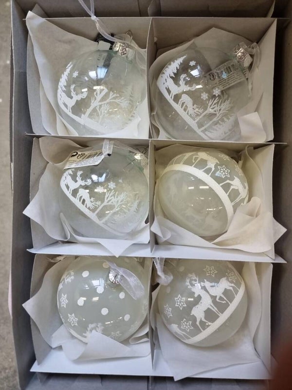 6er-Set Glas-Weihnachtskugeln mit Rentier- und Schneeflockenmotiven – Weiss/Transparent