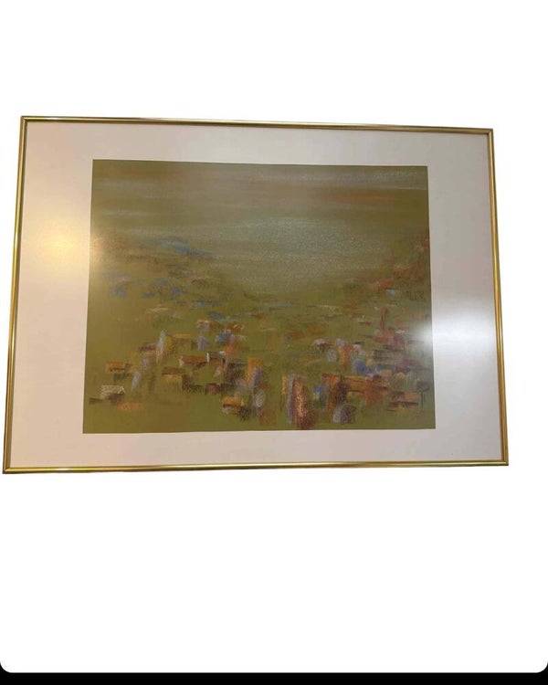 Abstraktes Landschaftsbild im Goldrahmen – gerahmt hinter Glas