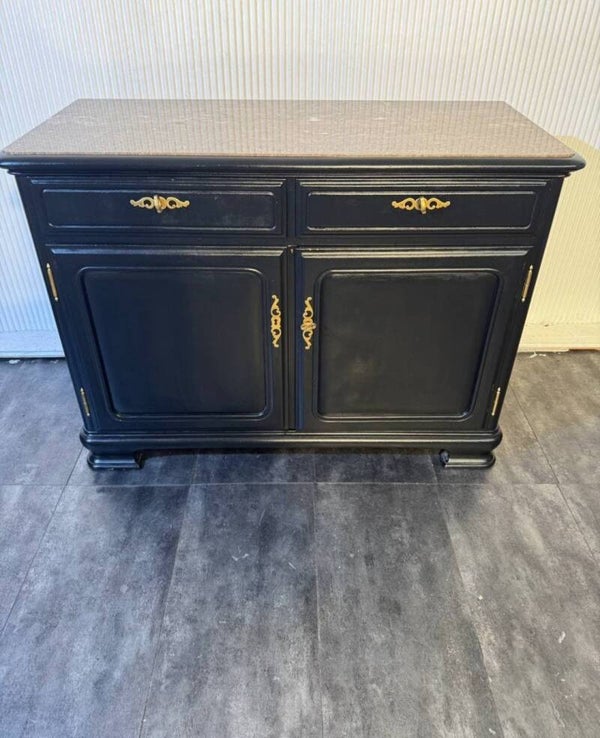 Vintage Sideboard Schwarz mit Steinplatte | Jörns Bern | 2 Schubladen & Stauraum