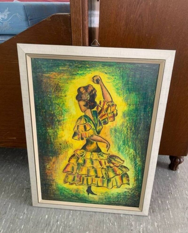 Vintage Wandbild „Flamenco-Tänzerin“ – farbenfrohe Grafik, gerahmt, Mid-Century