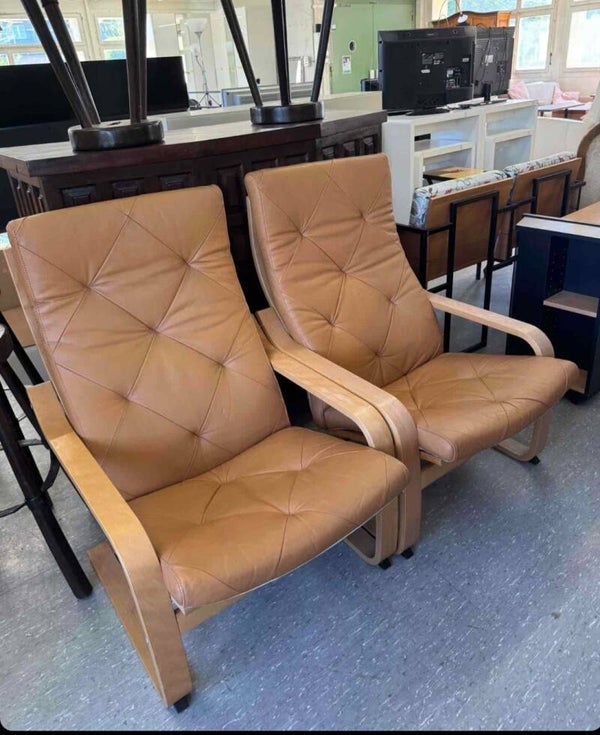 2x IKEA Vintage Ledersessel / Freischwinger – Cognac Braun