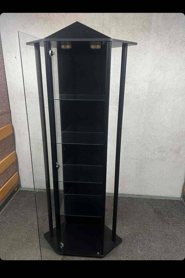 Elegante Eckvitrine aus Glas – Schwarz – mit Glasböden & Beleuchtung