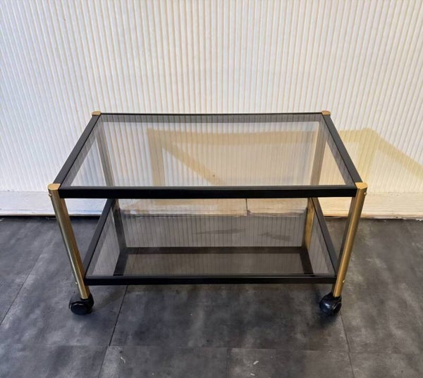 Vintage Servierwagen / Beistelltisch mit Rauchglas – Schwarz & Gold – Retro 70er/80er-Jahre
