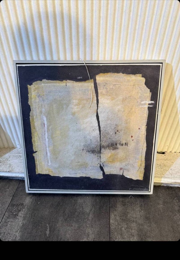 Abstraktes Gemälde auf Leinwand – signiert – Schwarz, Beige & Gold – 40 × 40 cm