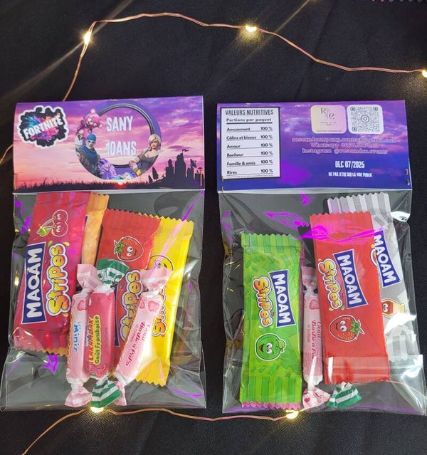 Sachet en plastique (10×13cm) GARNIS de bonbons tendres, avec en-tête personnalisé