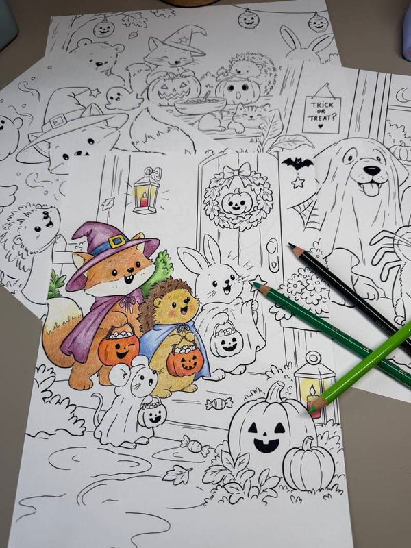 Halloween kleurplaten met dieren: set van 4