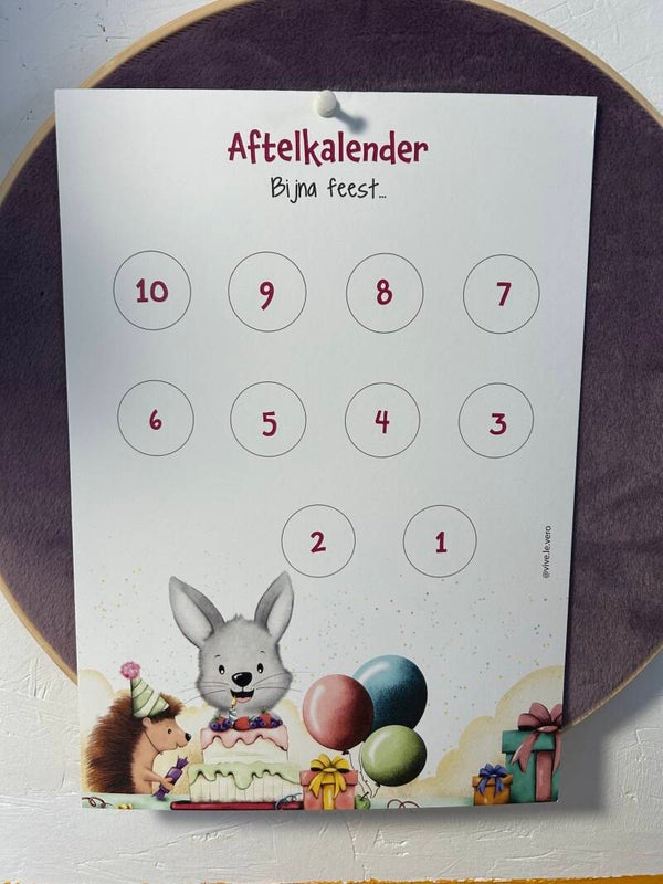 🎉 Aftelkalender Feestje – Aftelposter kinderen (A4) met vrolijke illustratie