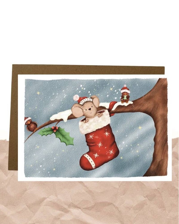 Postkaart - Kerstsok muisje