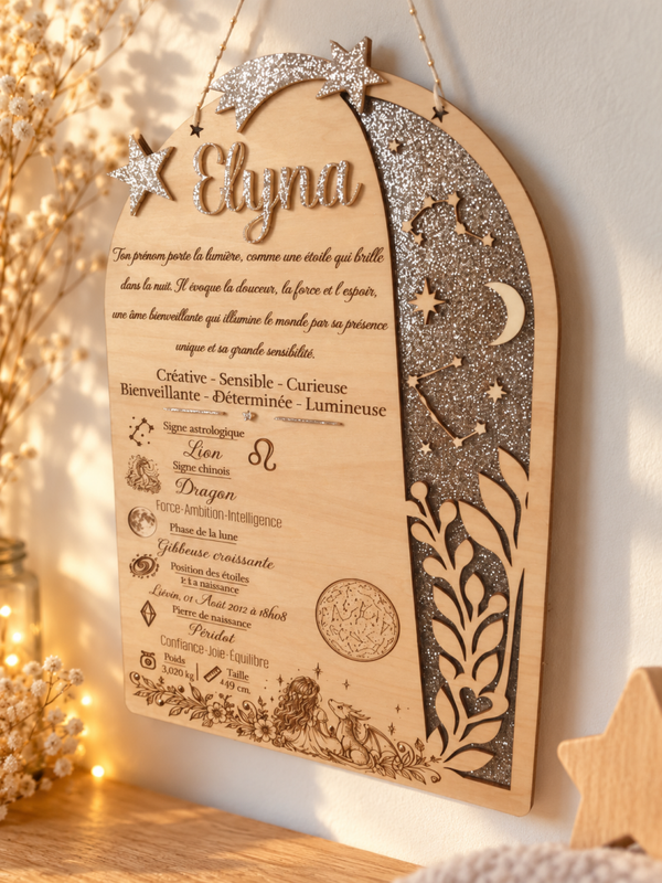 Mon Portrait Céleste – Plaque de naissance personnalisée en bois et acrylique pailleté