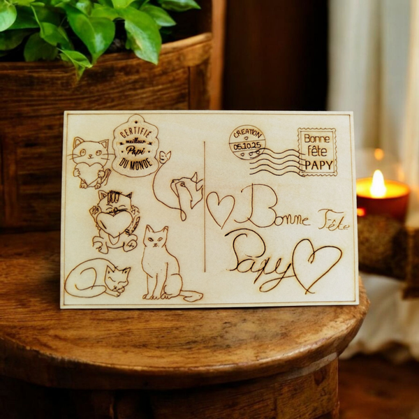 Carte postale en bois personnalisée – Dessin d'enfant gravé au laser