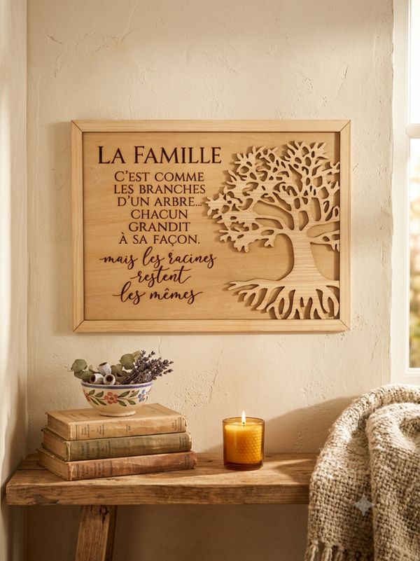 Tableau Bois "La Famille" - Arbre de Vie Gravé - Décoration Personnalisable