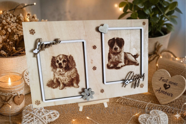Cadre animal personnalisé en bois – Gravure photo chien chat avec prénom (30x20 cm)
