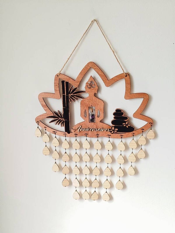 Calendrier des anniversaires en bois - Bouddha & pierres protectrices