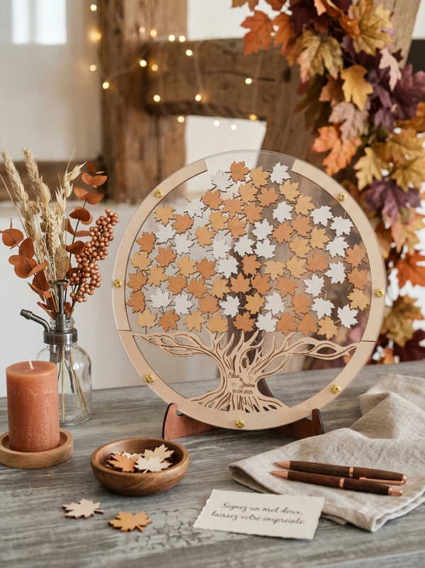 Livre d'Or Mariage Arbre Feuilles d'Érable en Bois Personnalisé