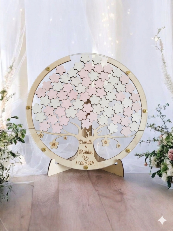 Livre d'Or Mariage Arbre de Vie Fleurs de Cerisier en Bois Personnalisé