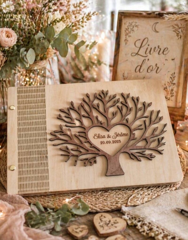 Livre d'Or Mariage en Bois "Arbre de Vie" Personnalisé - Gravure Laser Prénoms & Date