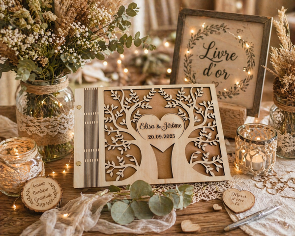 Livre d'Or Mariage Bois Gravé Arbre de Vie Personnalisé – Prénoms & Date