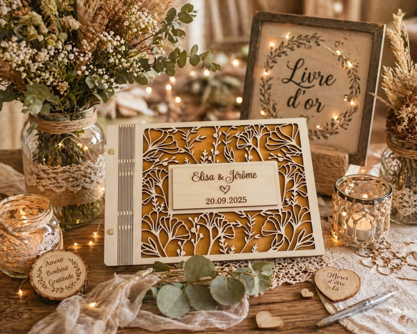 Livre d'Or Mariage en Bois Gravé Laser – Personnalisé Prénoms & Date