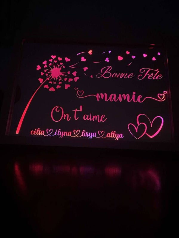 Miroir Lumineux Gravé Personnalisé - Bonne Fête Mamie avec Éclairage LED Multicolore