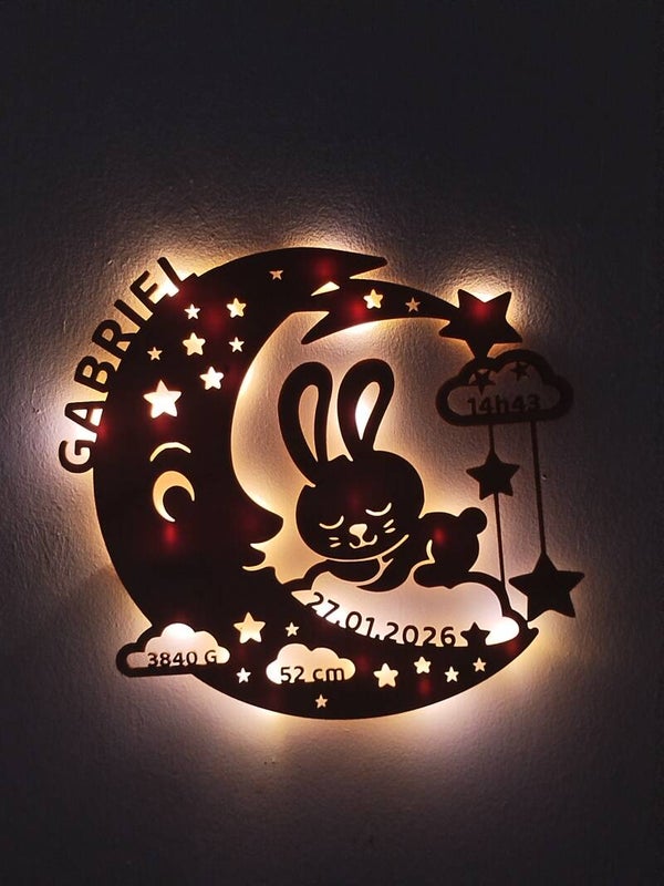 Plaque de naissance personnalisée "Lune & Lapin" en bois découpé au laser – Veilleuse LED