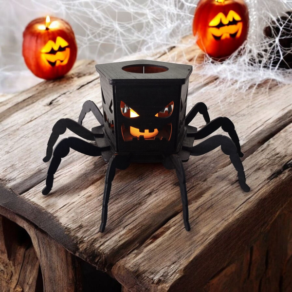 Porte-Bougie Araignée en Bois Noir avec Bougie LED – Décoration Halloween 28x28 cm